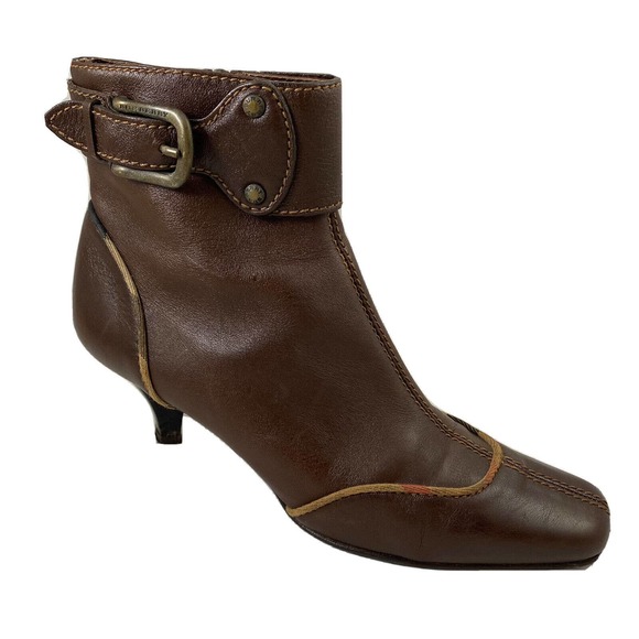 Burberry Ankle Bootie Boot Kitten Heel Zip Brown Nova Plaid Trim Square Toe 41 - Picture 1 of 12